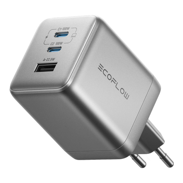 EcoFlow RAPID Pro Caricatore da Rete 100W GaN 2xUSB-C 1xUSB-A Argento